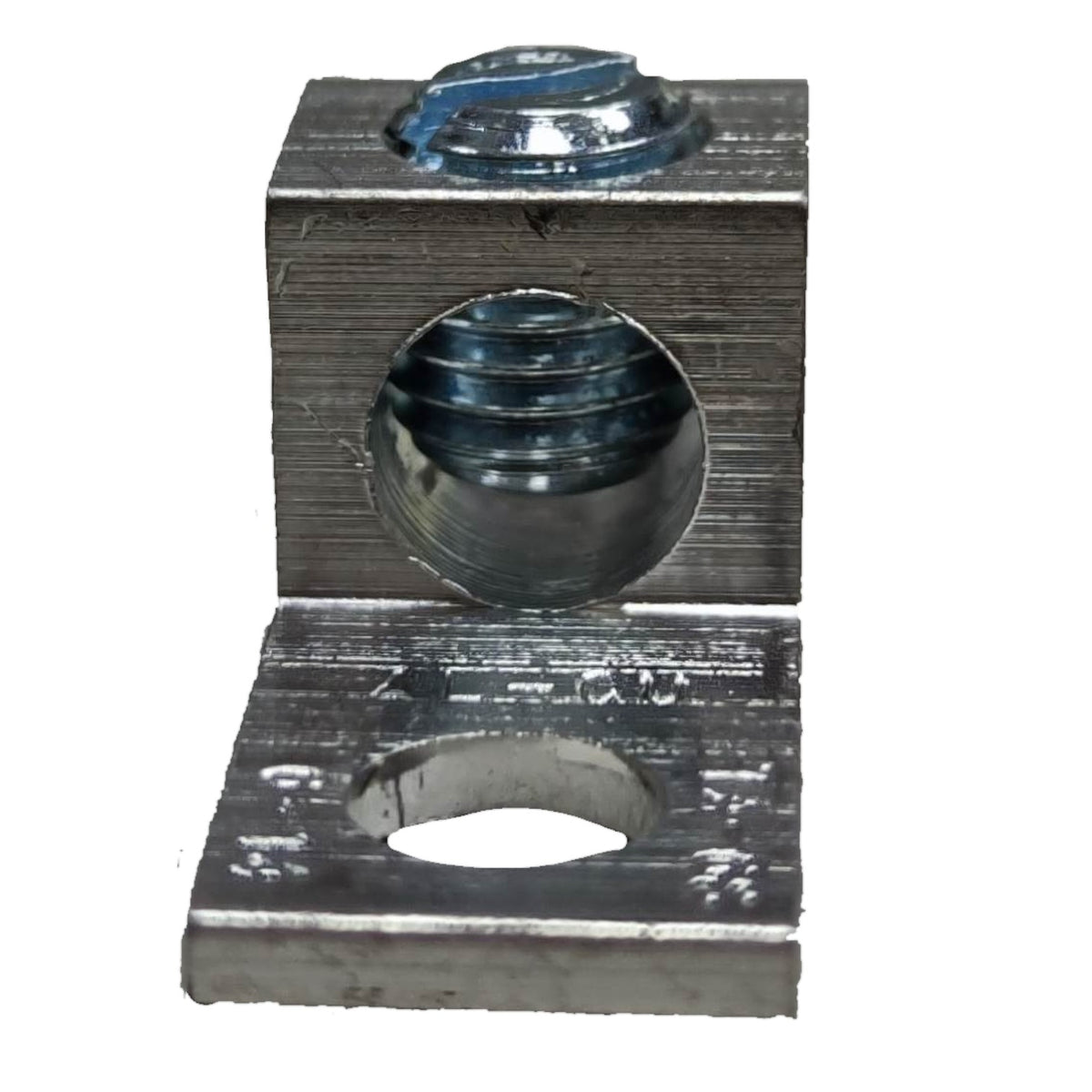 Metal component with threaded holes on a white background
