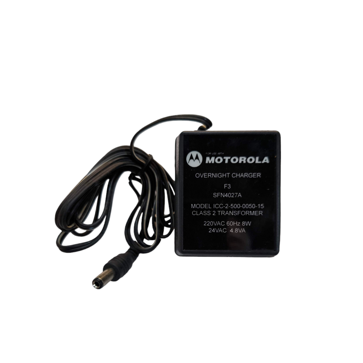Motorola 220V to 24VAC transformer for industrial use with black overnight charger and power cord