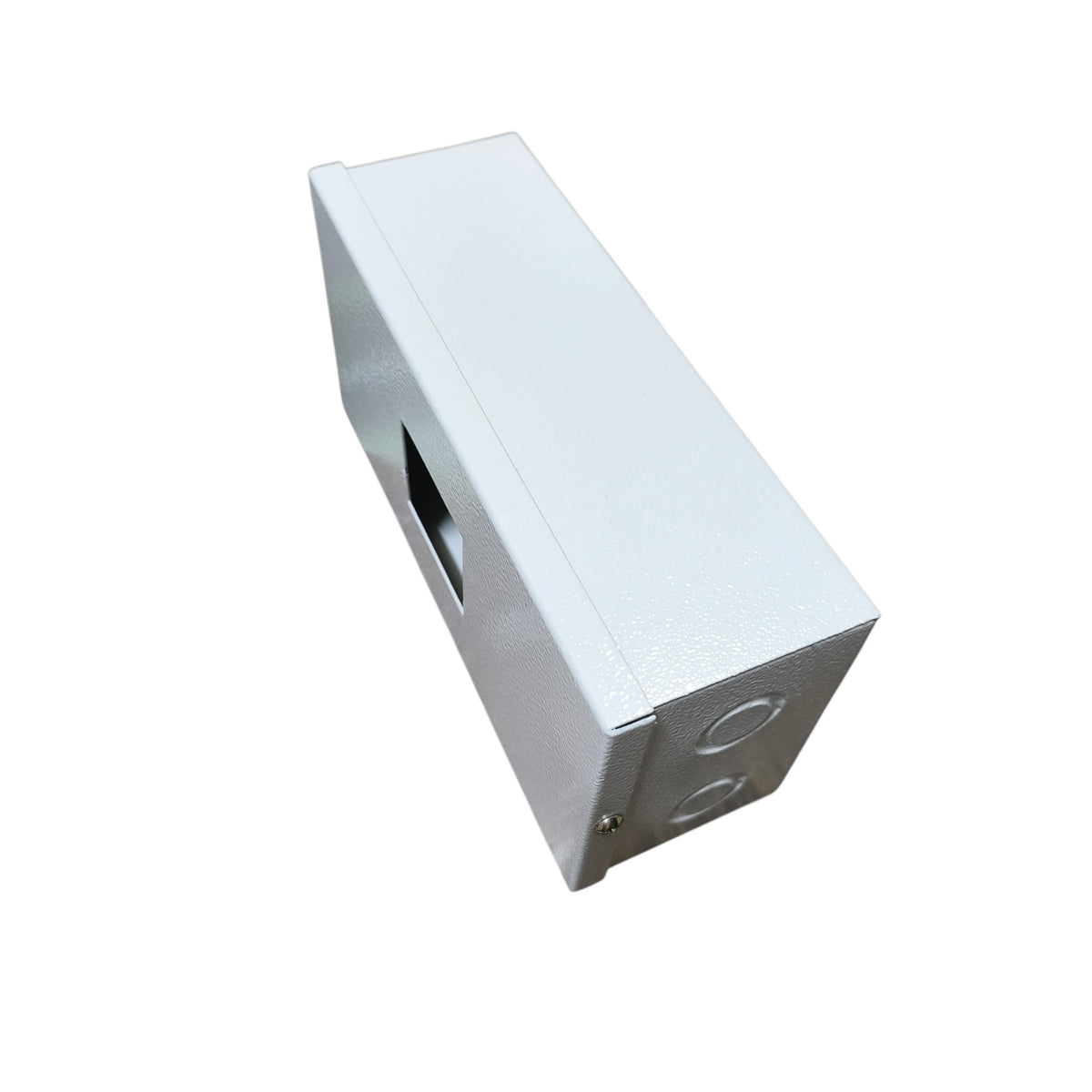 A rectangular white metal electrical junction box with a side cutout and two circular entry ports, shown on a plain white background.