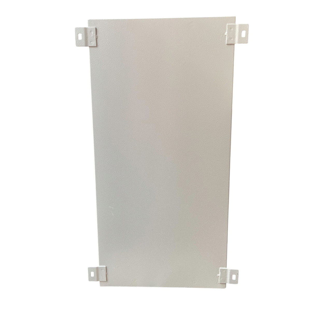 A rectangular white metal panel with mounting brackets at each of the four corners, shown against a plain white background.