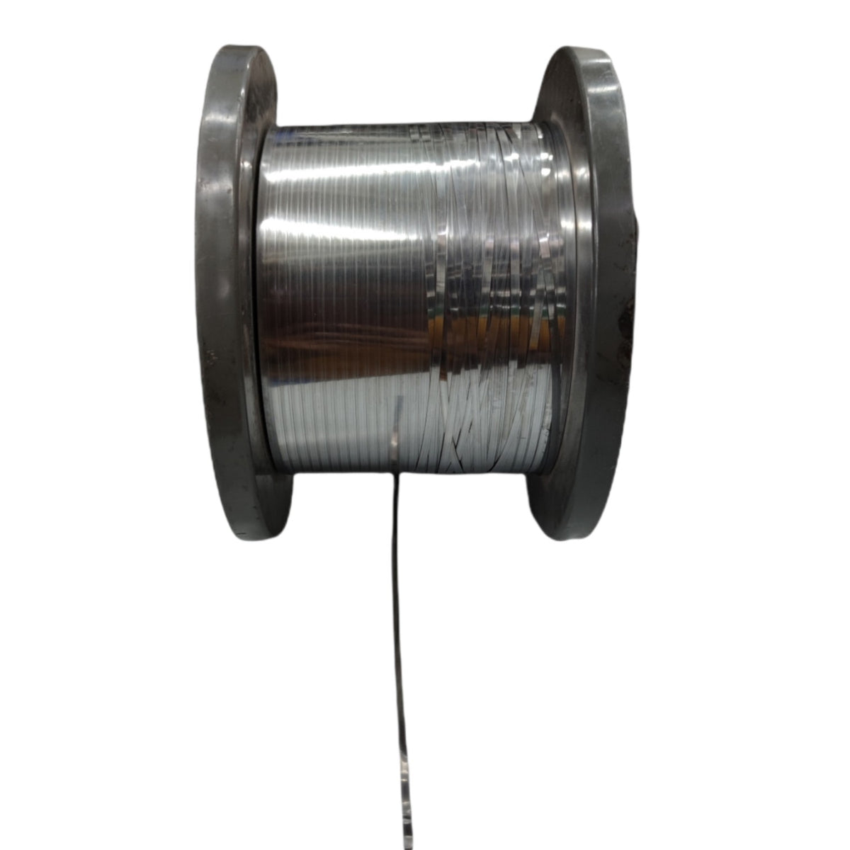 A spool of metallic silver wire wound on a dark gray metal core, shown against a plain white background.