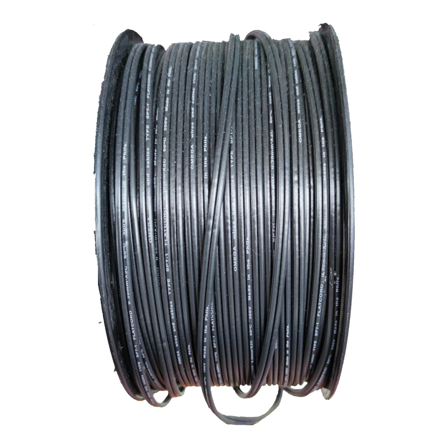 A large spool of black electrical cable or wire, photographed against a plain white background.
