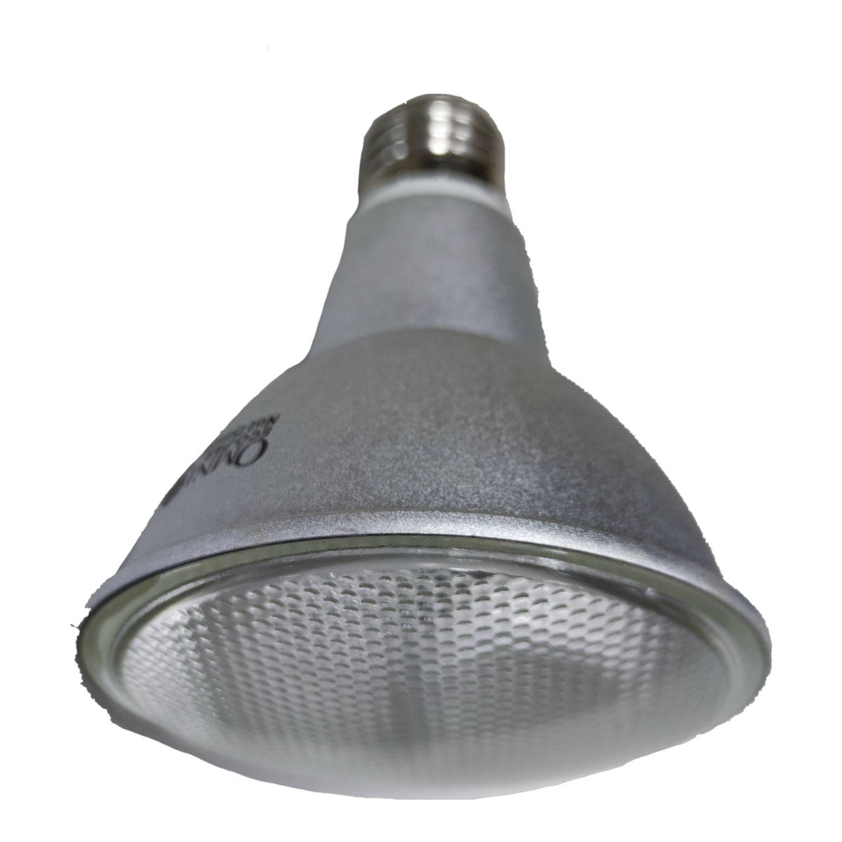 Silver PAR38 light bulb on a white background