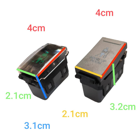 Two black automotive switch modules shown on a white background with colored dimension labels indicating measurements such as 4cm, 2.1cm, 3.