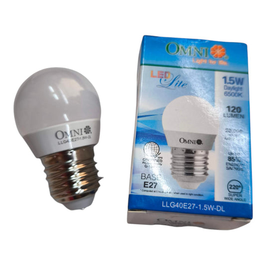 An OMNI LED light bulb with a frosted glass globe and brass E27 screw base, shown next to its blue and white retail packaging box on a plain white background.