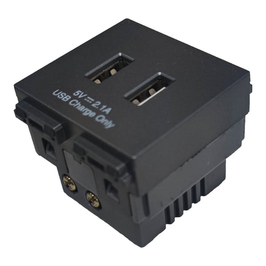 A black plastic dual USB charger adapter with two USB-C ports on top, featuring white printed text that reads '5V=2.1A USB Charge Only'.