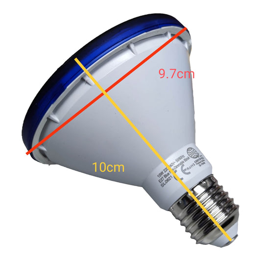 Measurement chart of a light bulb with dimensions labeled on a white background