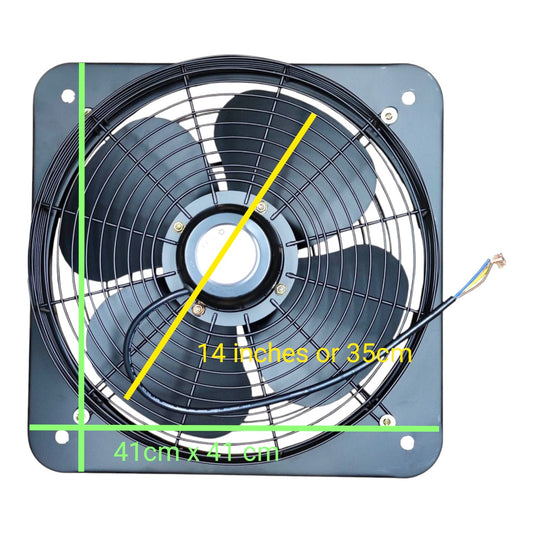 A square black wall fan with a metal grille and three dark blades, shown on a white background with green dimension lines and yellow text indicating 41cm x 41 cm and 14 inches or 35 cm.