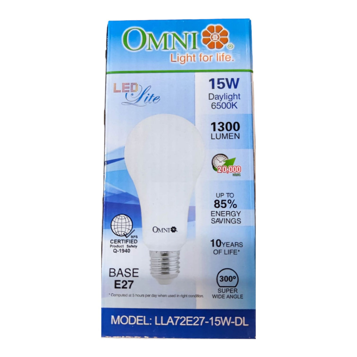 OMNI LED Lite 15W A19 LED light bulb packaging box, featuring a white A19 bulb graphic on a blue and white background with product specifications.