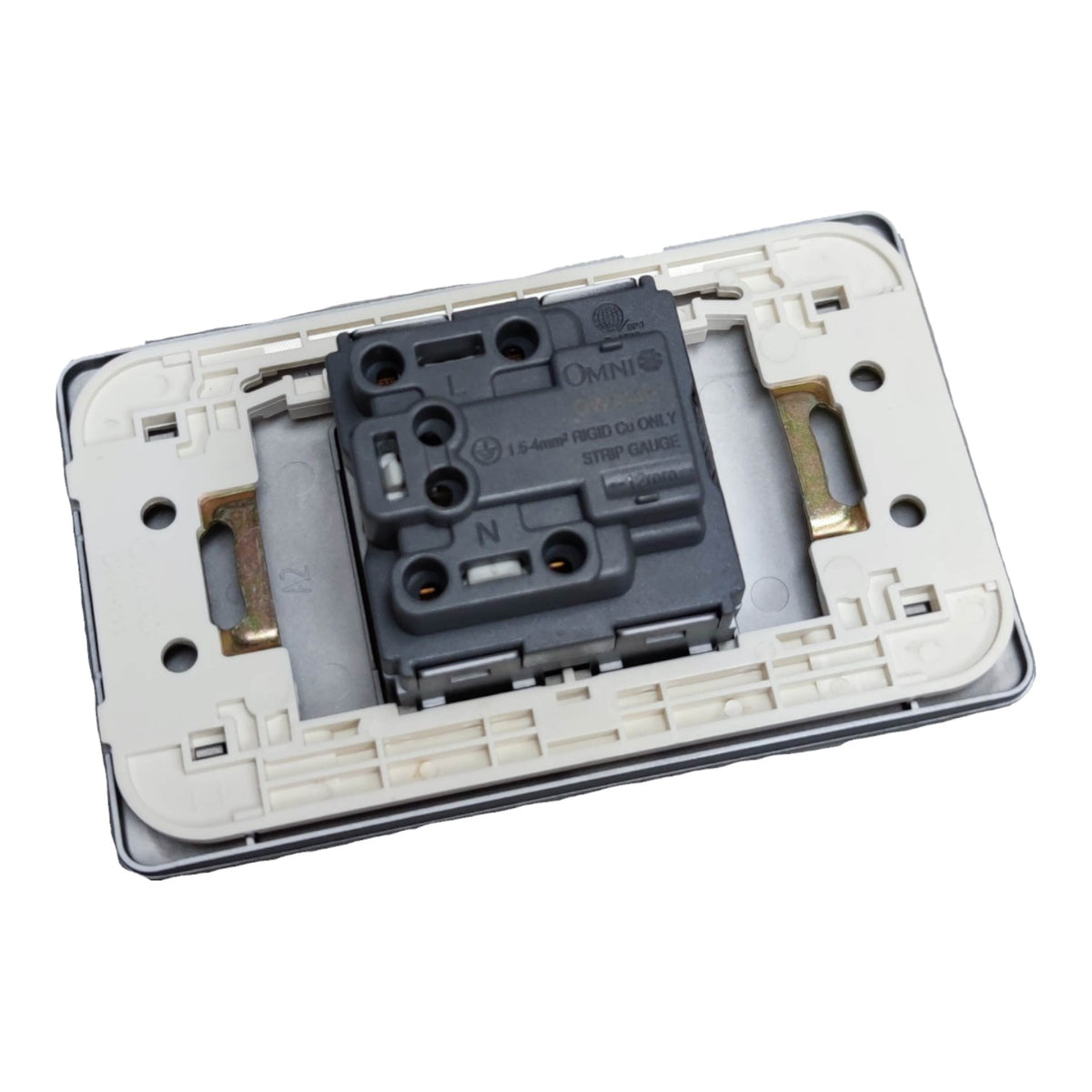 A close-up of a wall switch plate backplate showing the internal socket assembly with a black OMNI 16A 4-pin rear socket in a cream-colored plastic frame.