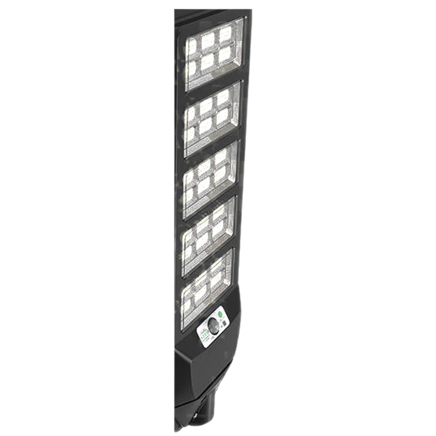 A tall, narrow black LED light fixture with five illuminated light panels stacked vertically, shown against a plain white background.
