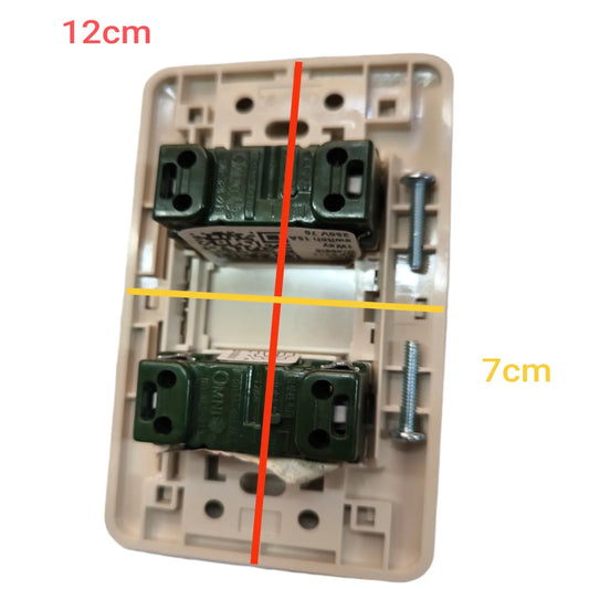 A beige light switch backplate with two dark green terminal blocks and mounting screws, overlaid with red and yellow measurement lines and text reading 12cm and 7cm on a white background.