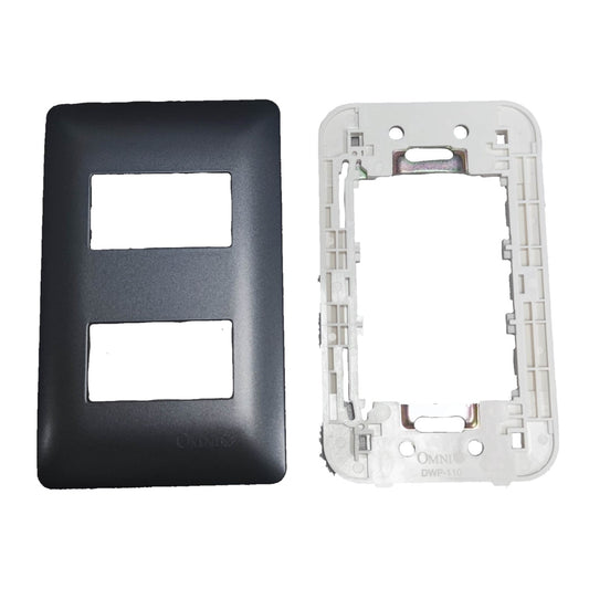 A black dual-guice faceplate cover next to its white plastic mounting frame, shown on a clean white background.