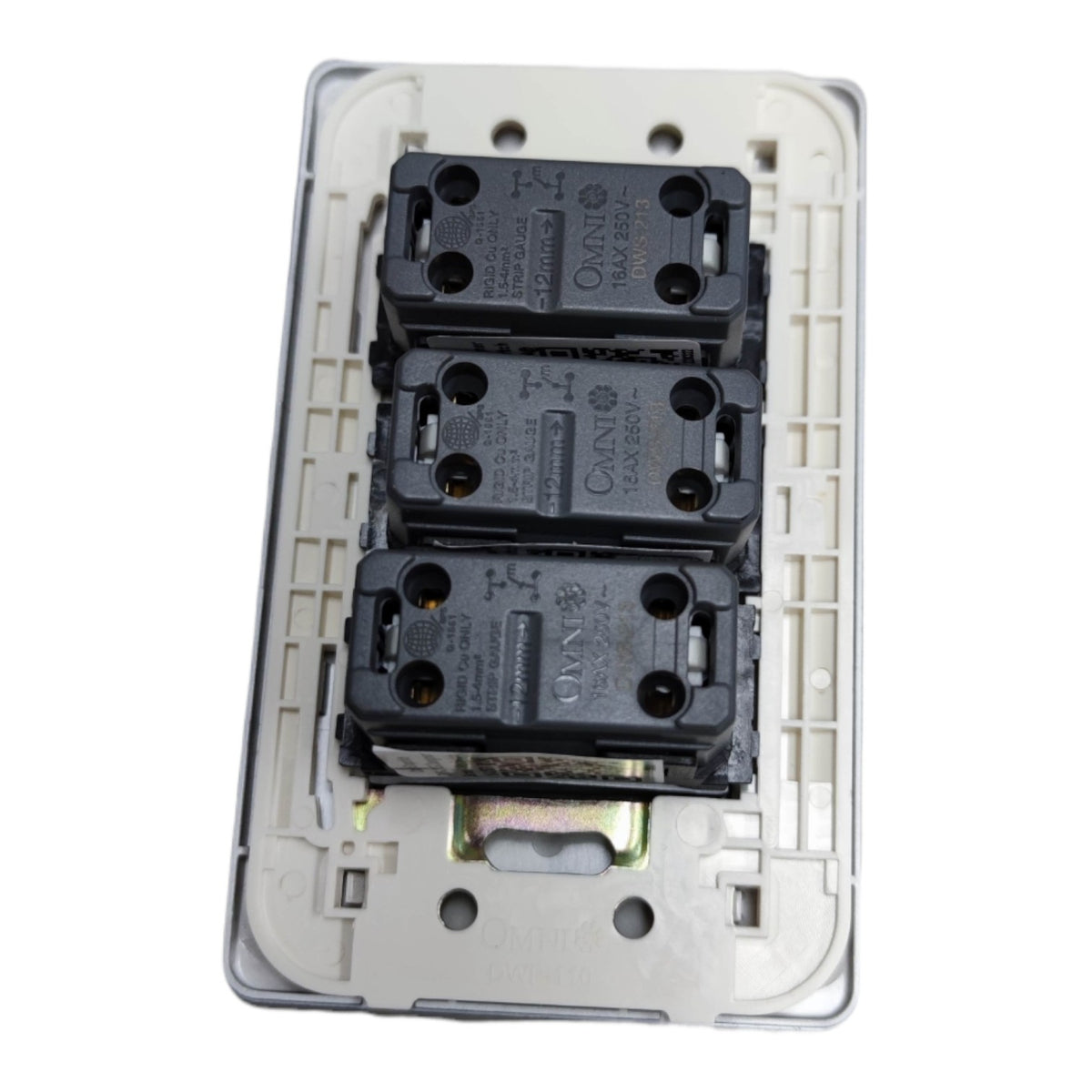 A three-way electrical switch module with three black contact blocks mounted on a white plastic backplate, shown against a plain white background.