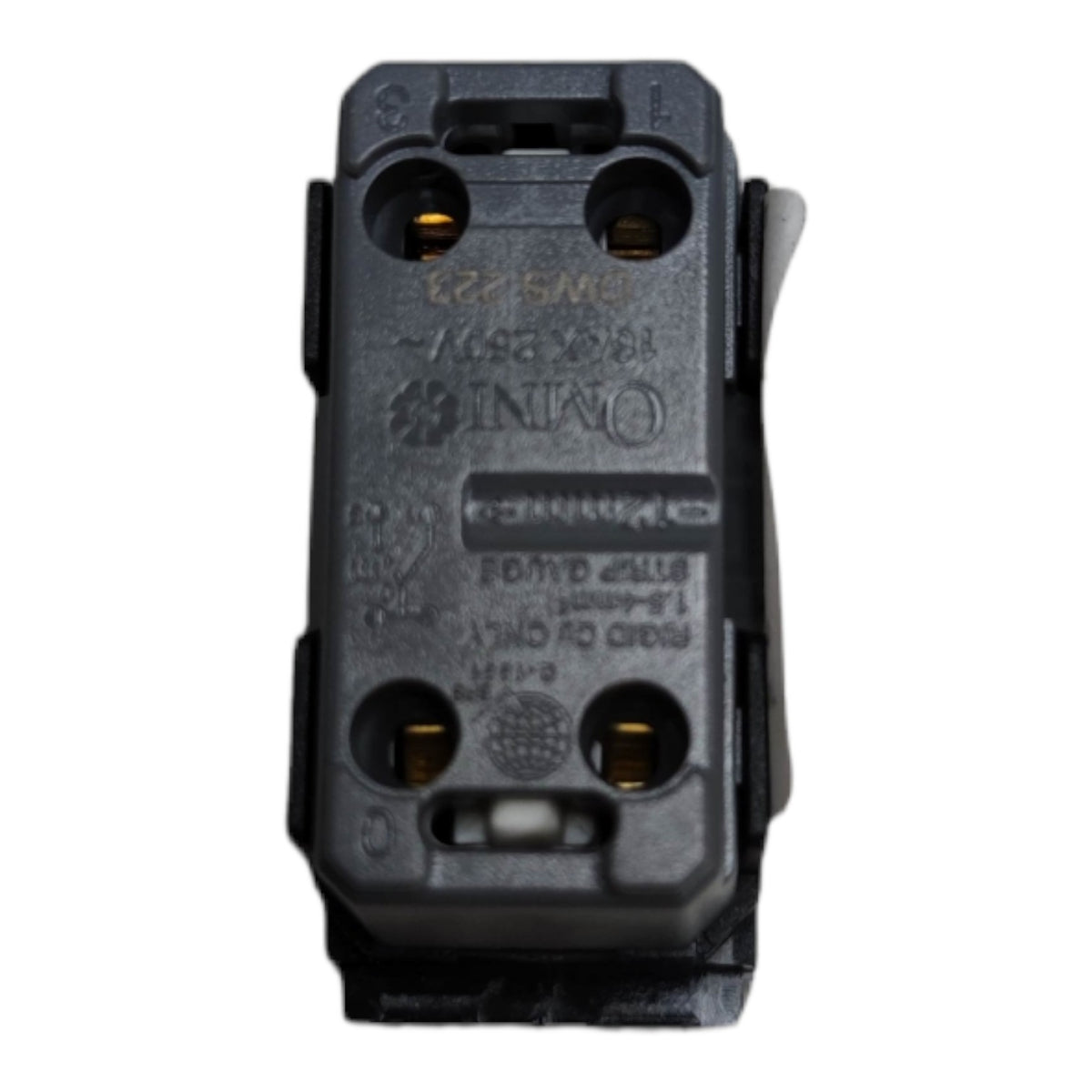 A black plastic electrical terminal block connector with gold-colored metal screw terminals and molded text specifications on the side, isolated on a white background.