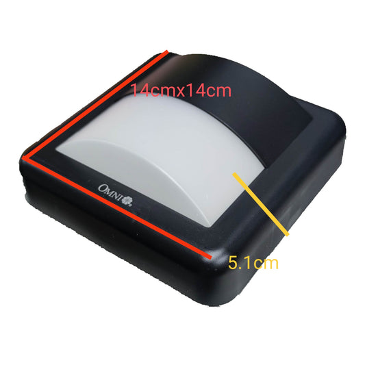 Black outdoor wall-mounted solar light fixture with a frosted white dome lens, showing red dimension lines indicating 14cm x 14cm top size and a yellow line indicating 5.1cm depth, on a white background.