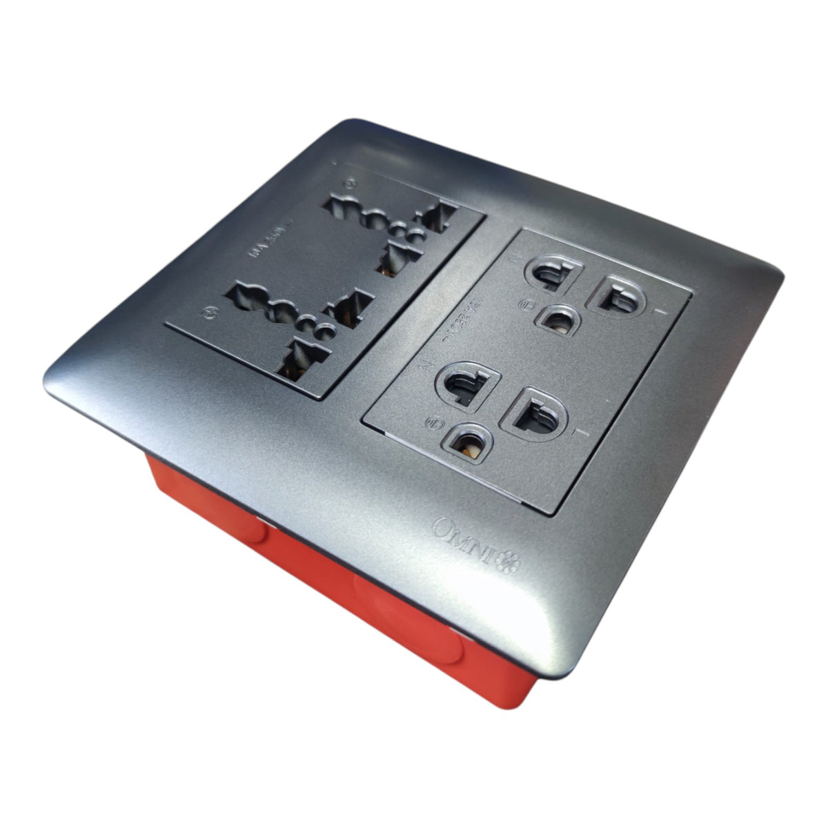 A dual electrical outlet panel with a metallic silver faceplate and a red base, shown on a plain white background.