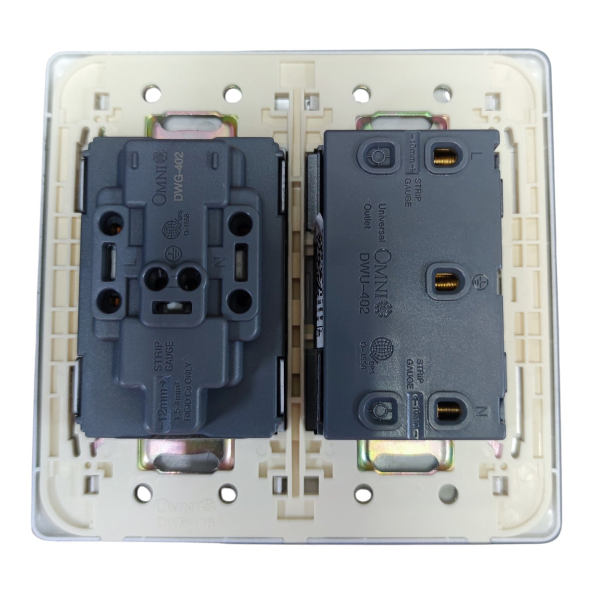 A dual GFCI outlet backplate showing the internal black GFCI RCD circuit breakers and terminal connections behind a translucent white plastic cover.