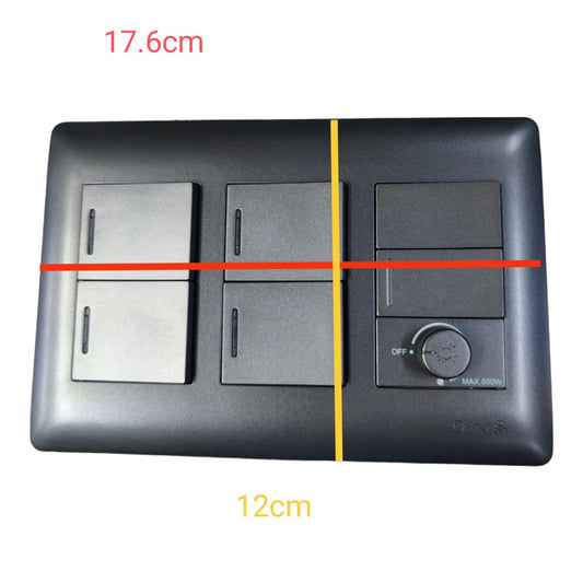 Black wall-mounted three-gang light switch panel with dimension annotations showing 17.6cm height, 12cm width, and a vertical yellow centerline and horizontal red measurement line overlaid on the product.