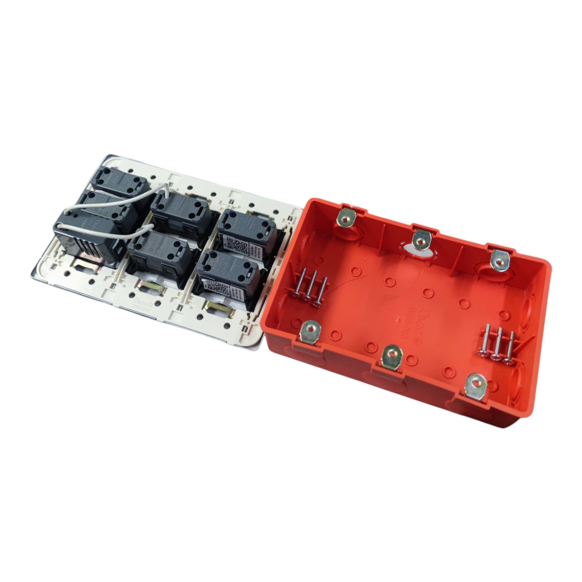 An electrical junction box split into two halves, showing a silver metal terminal plate with black screw terminals on one side and a red plastic enclosure on the other, isolated on a white background.