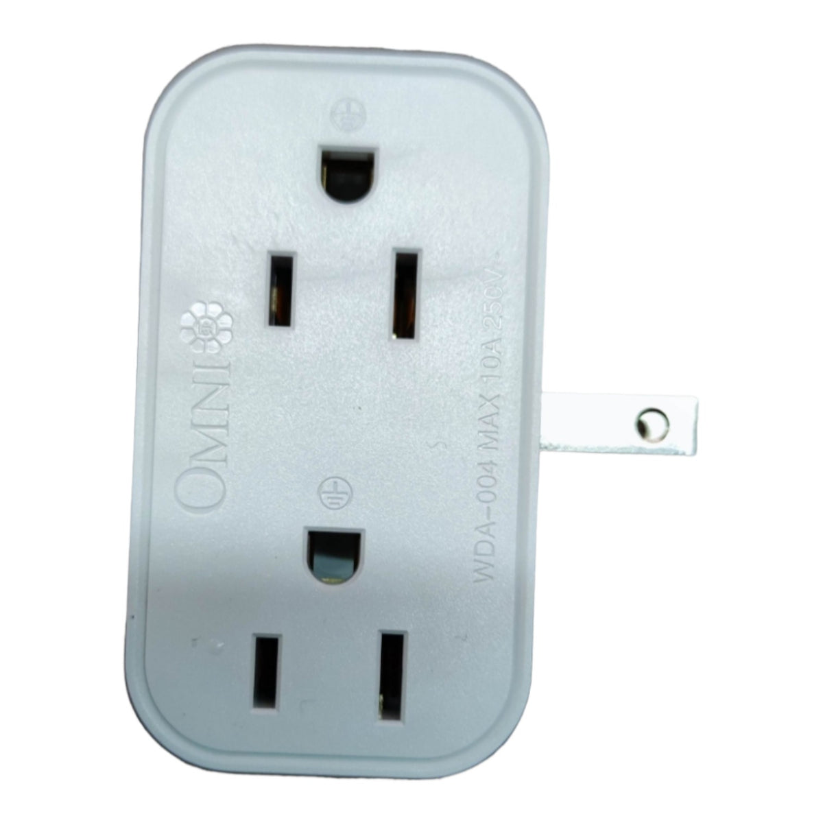 An Omni brand white plastic outlet extension plug with a single flat prong, shown on a plain white background.