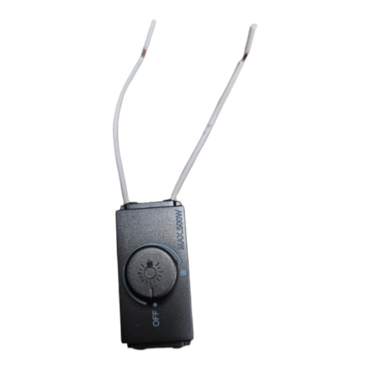 A small black electronic control module with two long white wires extending upward, shown on a plain white background. The front has a circular dial and printed text including '12V-500W' and 'OFF'.