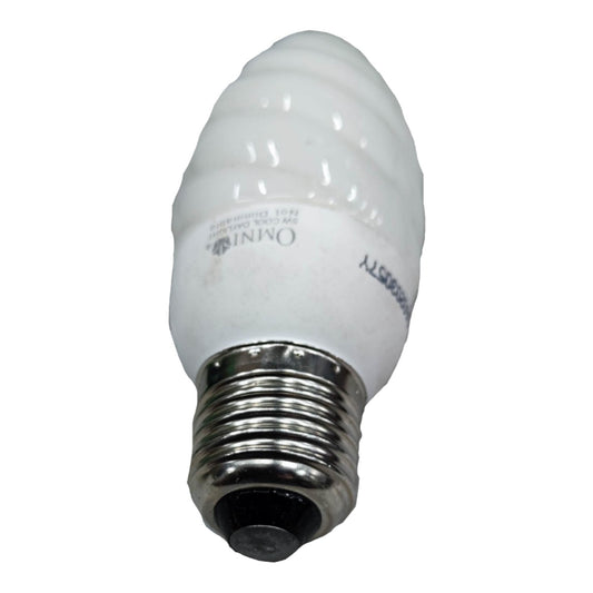 A spiral CFL light bulb with a silver screw base, featuring printed text including 'OMNI' and '10W 220V'.