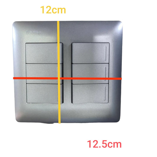 A square metallic wall switch plate with four rectangular switch modules, overlaid with dimension lines and text showing 12cm width, 12.5cm height, and a vertical 12cm marker on a plain white background.