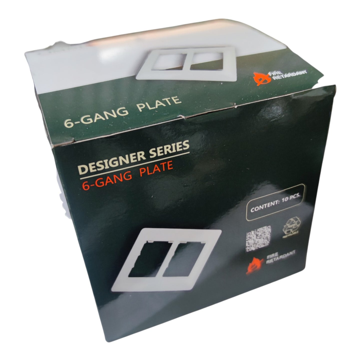 A black retail box for designer series 6-gang plates, showing white cutout images of the product and text indicating it contains 10 pieces.