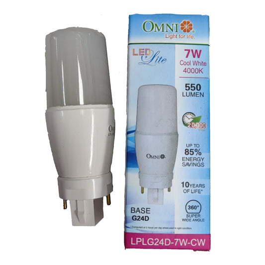 An Omni LED G24D light bulb shown next to its retail packaging box. The bulb is white with a clear frosted cap, and the box is blue and pink with product specifications.