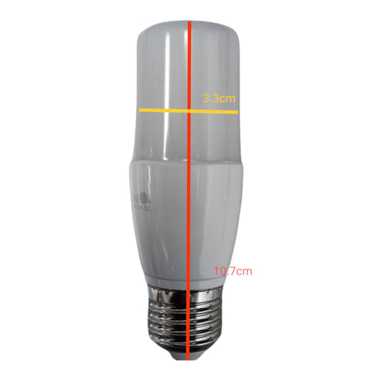 An LED light bulb with an E27 screw base, shown with red and yellow measurement lines indicating a height of 10.7cm and a diameter of 3.