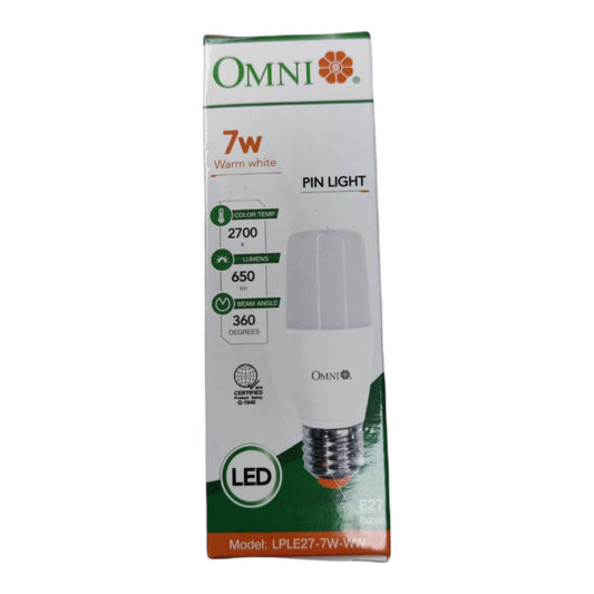 OMNI brand 7W warm white LED pin light bulb in its original retail packaging, featuring a white box with green and orange accents and a graphic of the bulb.