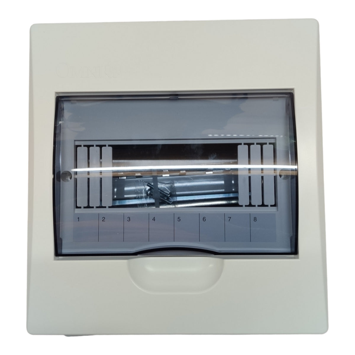 A white electrical distribution board or fuse box with a transparent front cover showing internal fuses, photographed against a plain white background.