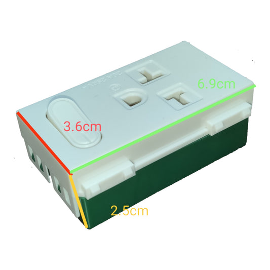 A plastic wall outlet adapter or extension block shown on a white background with overlaid dimension labels in red, green, yellow, and orange indicating measurements of 3.6cm, 6.