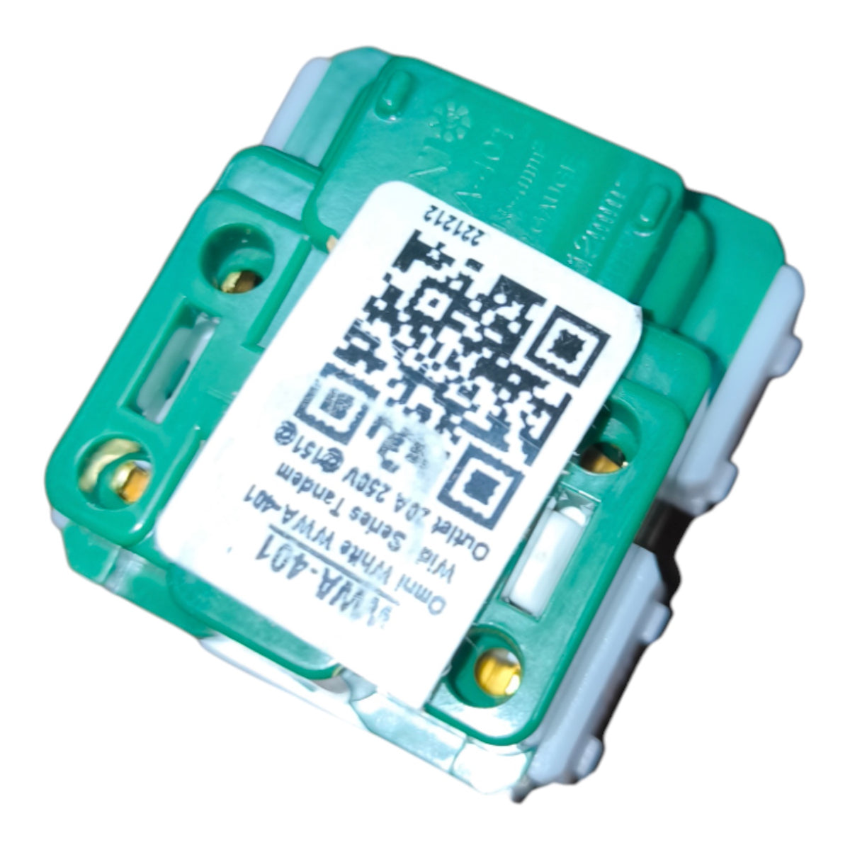 A green electrical terminal block connector with a white label featuring a QR code and text, isolated on a white background.