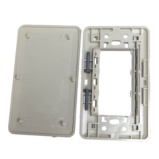 A light gray plastic electrical switch plate frame kit, showing both the front cover plate and the back mounting frame with two mounting screws.