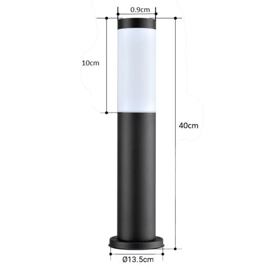 A black outdoor bollard light with a frosted white cylindrical shade, shown with dimension annotations indicating a total height of 40cm, shade width of 0.9cm, shade depth of 13.