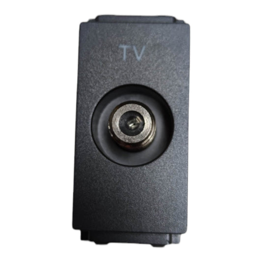 A black rectangular electronic component with a circular recessed area in the center containing a metallic coaxial TV-style connector, with the letters 'TV' printed above it, isolated on a white background.