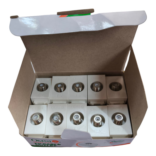 An open cardboard box containing eight white Omni Micro 12V DC RF power modules with SMA connectors, on a white background.