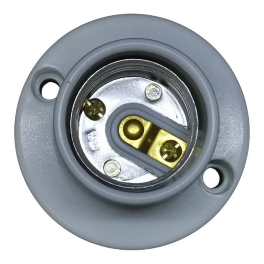 Gray electrical connector with gold contacts on a white background