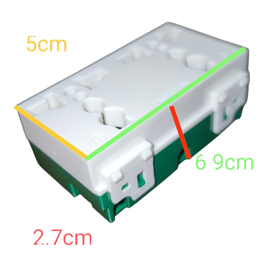 A white and green plastic rectangular component with measurement annotations showing 5cm, 69cm, and 2.7cm on a plain white background.