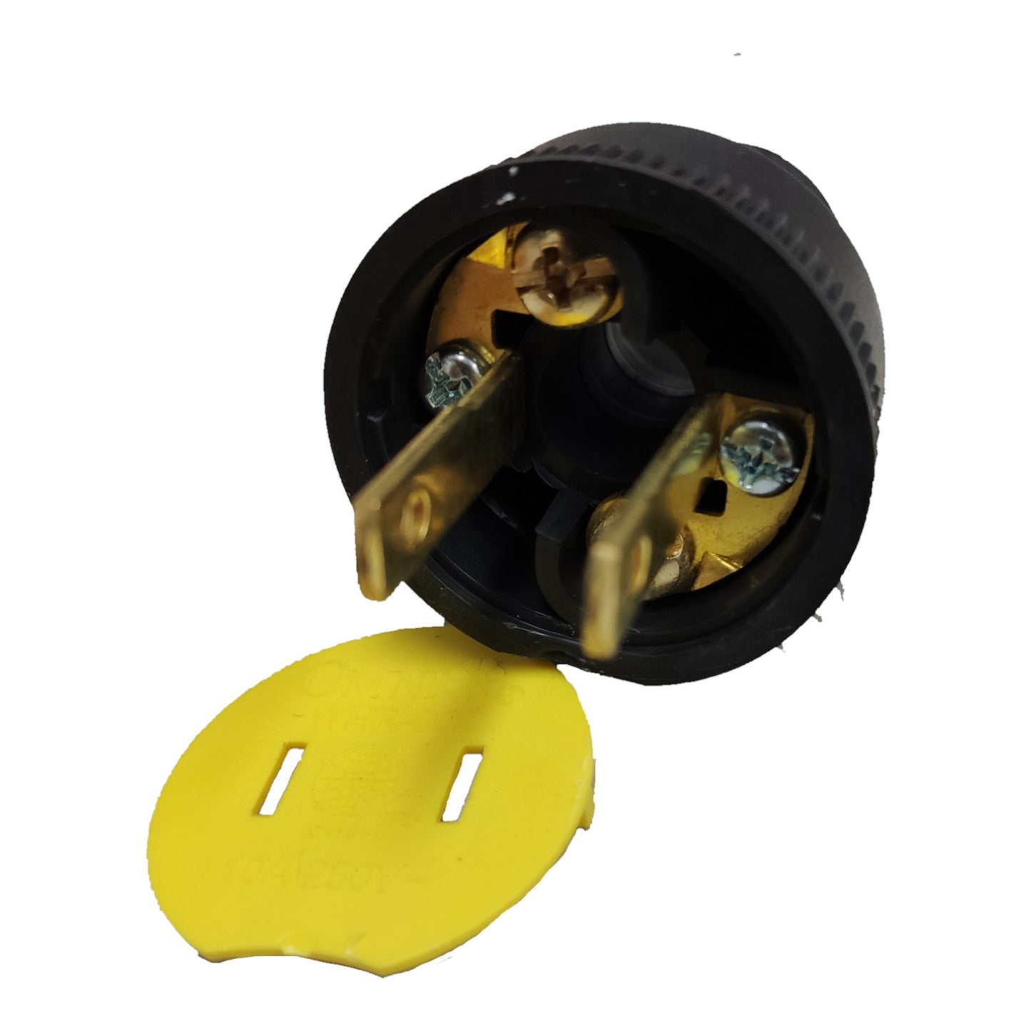 A black electrical outlet plug with exposed brass terminals and a separate yellow grounding tab shown in front, isolated on a white background.