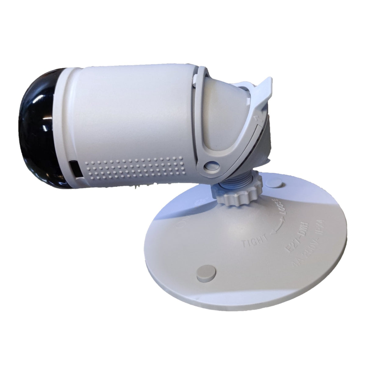 A white and gray adjustable security camera on a circular mounting base, shown against a plain white background.