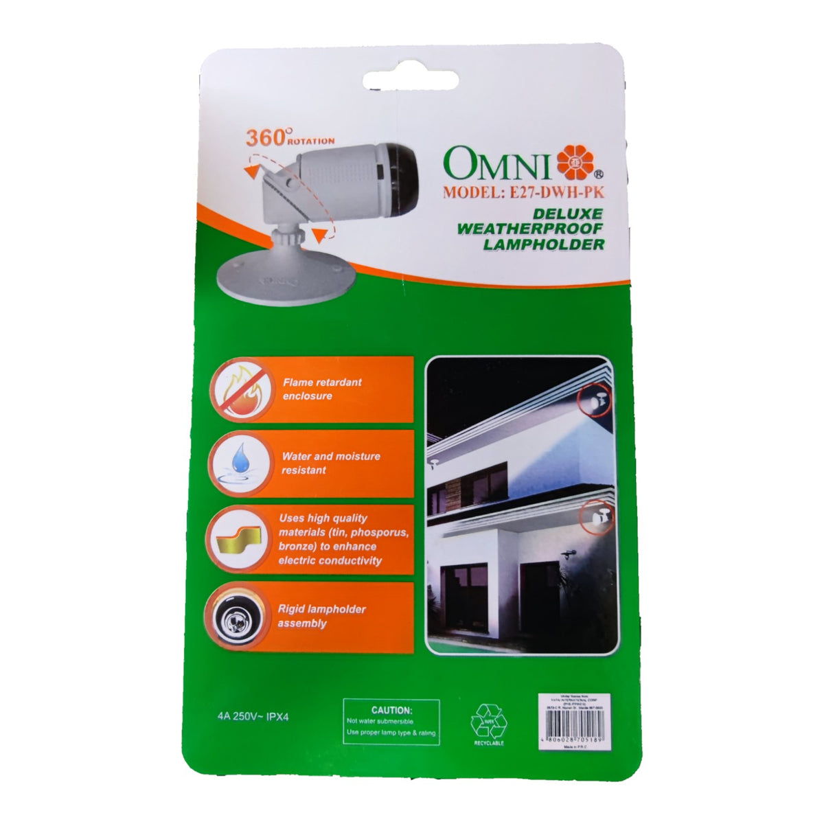 Omni Outdoor Weatherproof Heavy Duty Lamp Holder E27 4A 250V E27-DWH-PK Electx Electrical Supply