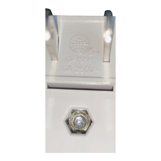 A close-up of a white electrical wall plug with a hexagonal grounding screw on the front, showing embossed specifications and a small circular metal detail.