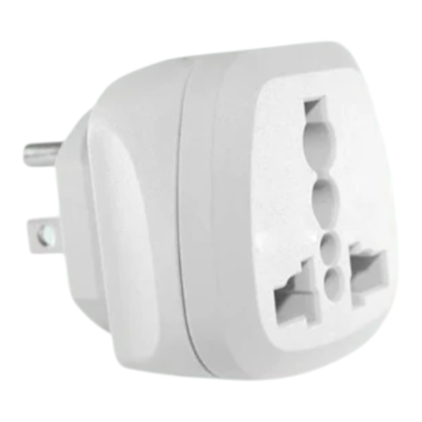 A white plastic UK three-pin wall plug adapter with a two-pin European plug on one end and a three-pin UK socket on the other, shown on a plain white background.