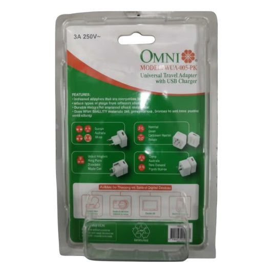 OMNI universal travel adapter with USB charger packaging on a white Omni Universal Travel Adapter with USB Charger WUA-005-PK 4 Variance Electx Electrical Supplybackground