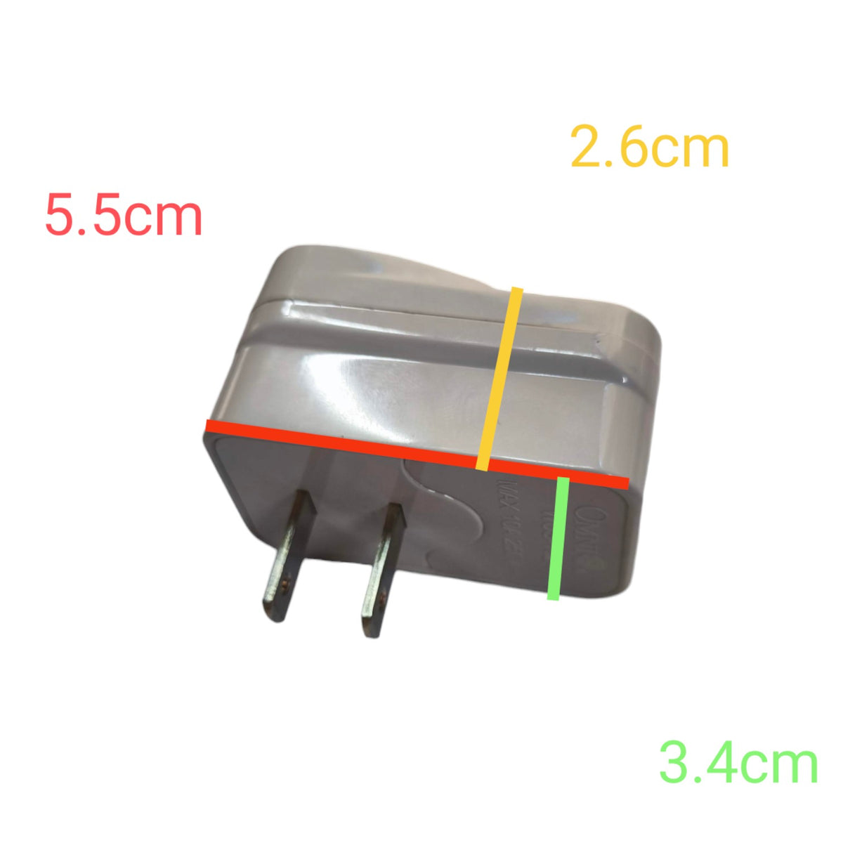 A gray plastic wall plug adapter with two metal pins, overlaid with colored measurement lines and text labels showing dimensions 5.5cm, 2.