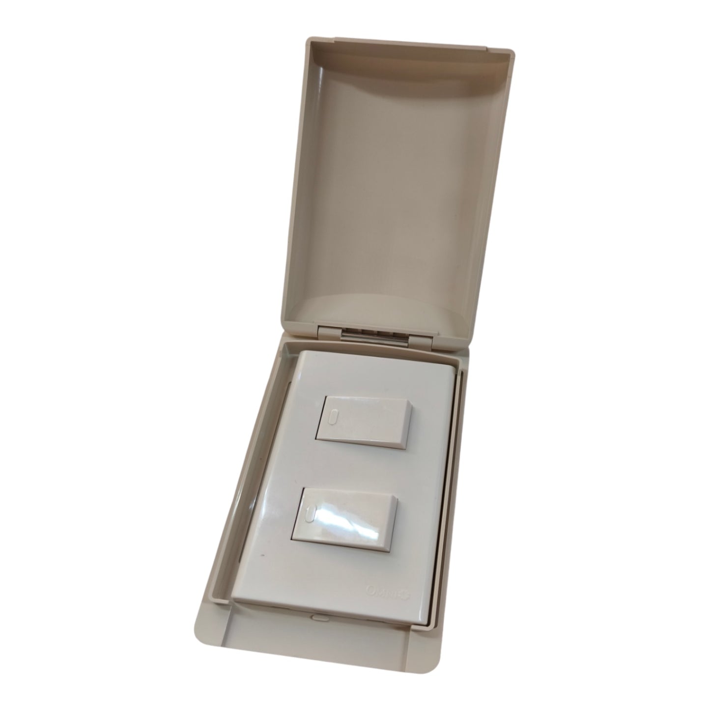 A double light switch set inside an open beige plastic protective case, shown on a plain white background.