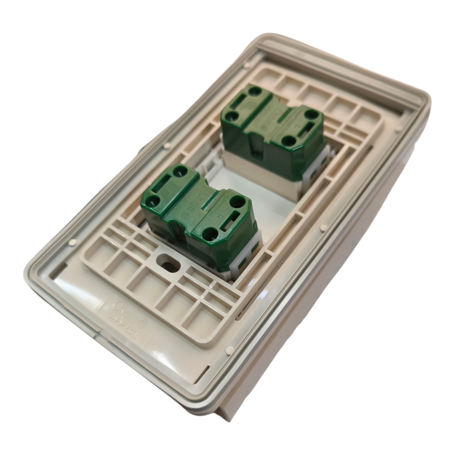 A double-gang electrical outlet cover plate with green terminal blocks, shown from an angled top-down view on a white background.
